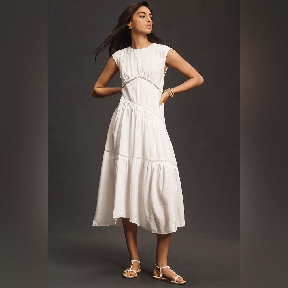 FRAME Gathered Seam Lace-Inset Linen Midi Dress NWT Size XXS